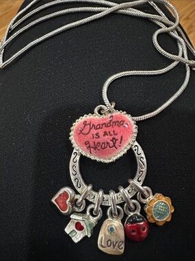 Silver Charm Necklace with Pink Heart 'Grandma is All Heart' Pendant